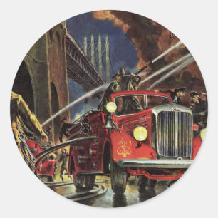 Pegatina Redonda Negocio Vintage, Bomberos Camiones de Bomberos