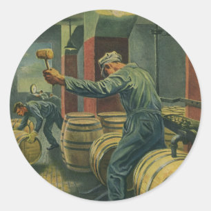 Pegatina Redonda Negocio Vintage, Wine Making Corking Wine Barrels