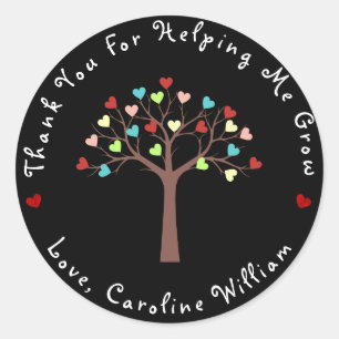 Pegatina Redonda Negra   Árbol de Corazones Coloridas Cuestas Graci