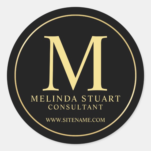 Pegatina Redonda Negra y Gold Elegante Monograma Negocios (Anverso)