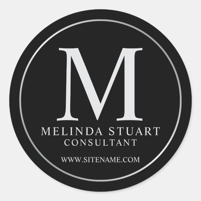 Pegatina Redonda Negra y Silver Elegante Monograma Negocios (Anverso)