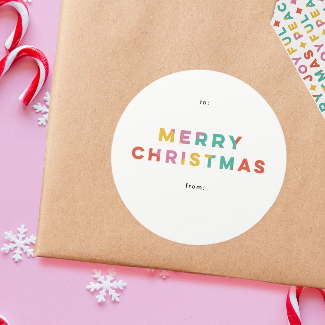 Pegatina Redonda Negrita y colorida Feliz Navidad (modern, bright, colorful Merry Christmas sticker)