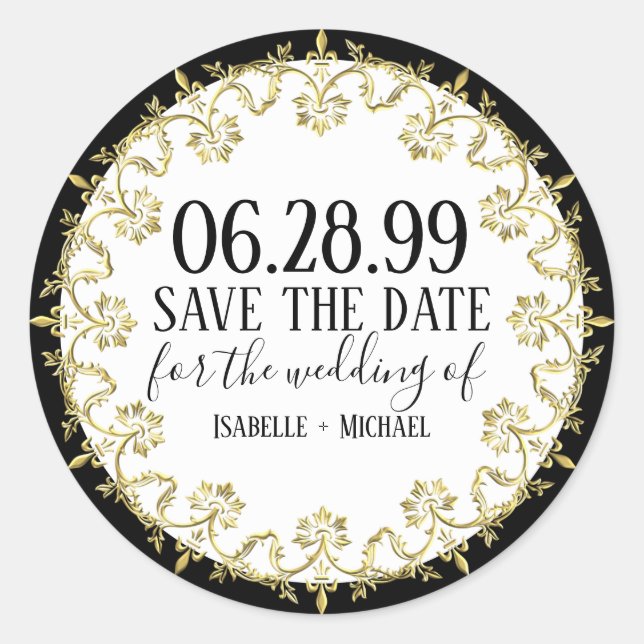Pegatina Redonda Negro, blanco y doradoElegante Guardar la fecha (Anverso)