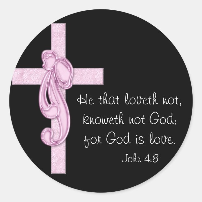 Pegatina Redonda Negro con Pegatinas de cruz y reverencia rosada (Anverso)