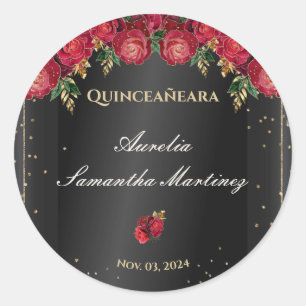 Pegatina Redonda Negro con rosas rojas Quinceañera Calcamonias
