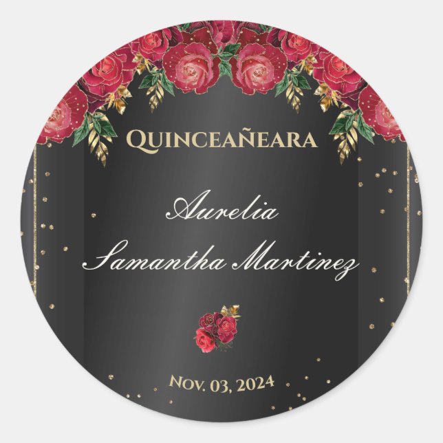 Pegatina Redonda Negro con rosas rojas Quinceañera Calcamonias (Anverso)