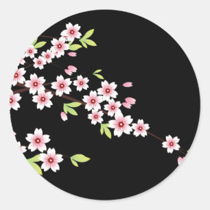 Pegatina Redonda Negro con Sakura en flor de cerezo rosa y verde