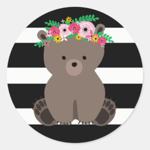 Pegatina Redonda Negro del oso de Boho + Raya blanca Baby Shower
