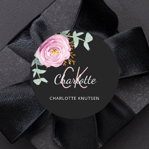 Pegatina Redonda Negro flores de eucalipto rosa gracias