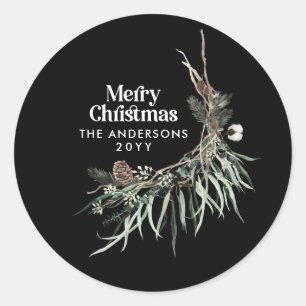 Pegatina Redonda Negro moderno y elegante acuarela botánica