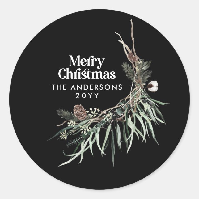 Pegatina Redonda Negro moderno y elegante acuarela botánica (Anverso)