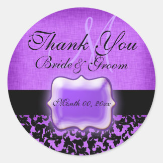 Pegatina Redonda Negro morado "gracias" boda damasco