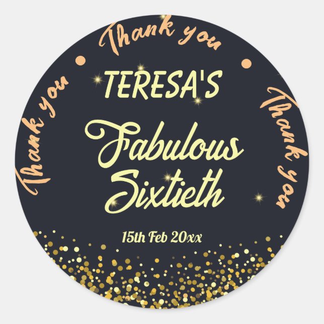 Pegatina Redonda Negro, oro y negro fabuloso cumpleaños 60 (Anverso)
