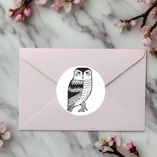 Pegatina Redonda Negro sabio del dibujo lineal del búho