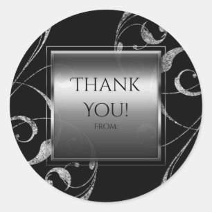 Pegatina Redonda Negro y elegante remolino floral de vidrio platead