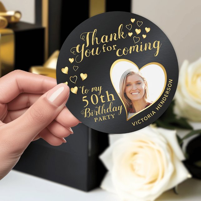 Pegatina Redonda Negro y Oro 50 cumpleaños Gracias a ti (Custom Black and Gold 50th Birthday Thank You Favor Stickers)
