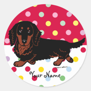 Pegatina Redonda Negro y Tan Long Haired Dachshund 1