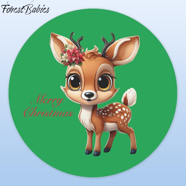 Pegatina Redonda Nena, Amanecer, Perro, Renos 🦌 🎄 Navidades verde (ForestBabies Floral Baby Deer, Fawn, Doe, Reindeer Antler Lover, Green Festive Xmas Sticker 🦌🎄)