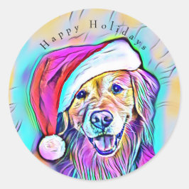 Pegatina Redonda Neon Bright Colores Navidades Golden Retriever Art