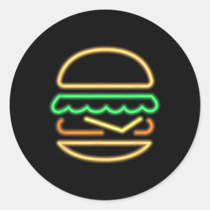Pegatina Redonda Neón de hamburguesa - Estilo de un Rótulo retro ne