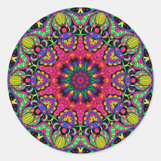 Pegatina Redonda Neon Dream Kaleidoscope Mandala (Anverso)