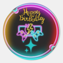 Pegatina Redonda Neon Gaming Birthday
