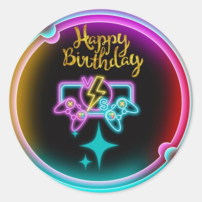 Pegatina Redonda Neon Gaming Birthday (Anverso)