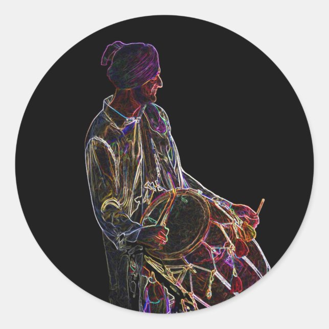 Pegatina Redonda Neon Glow Dhol Drummer pegatinas (Anverso)