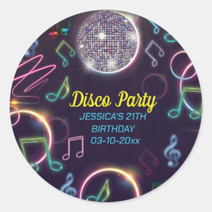 Pegatina Redonda Neon Glow Disco Dance Birday Party
