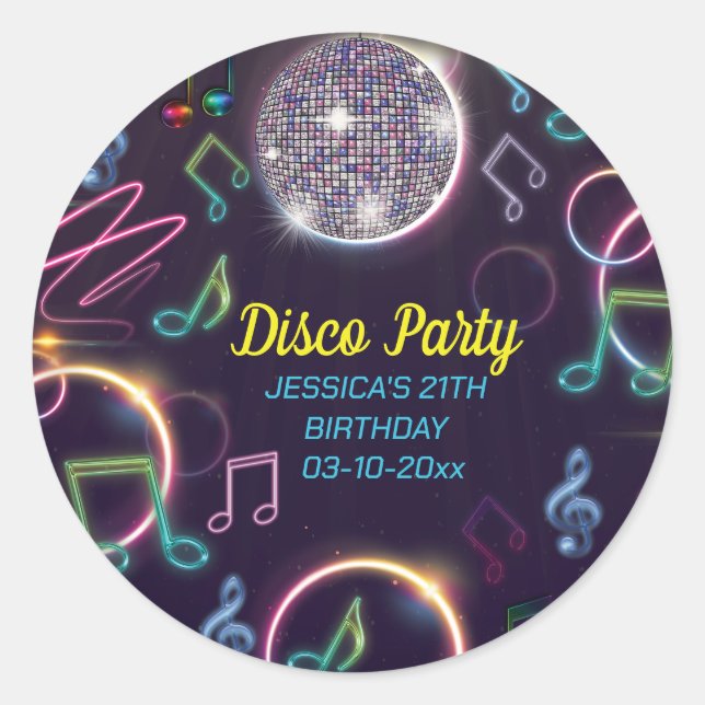 Pegatina Redonda Neon Glow Disco Dance Birday Party (Anverso)