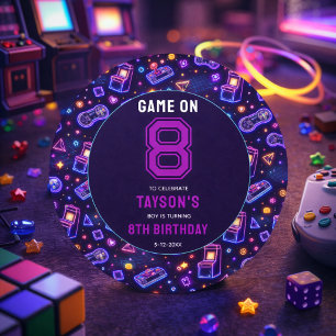 Pegatina Redonda Neon Glow Juego Retro de Arcade Cumpleaños 8