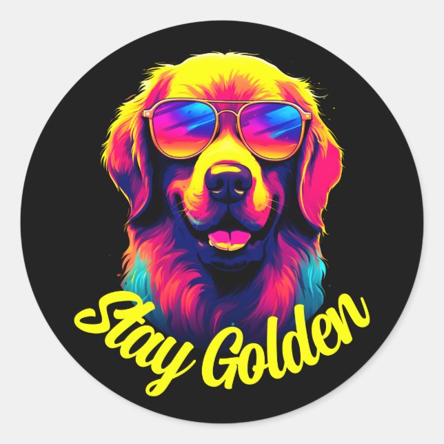 Pegatina Redonda Neon Golden Retriever (Anverso)