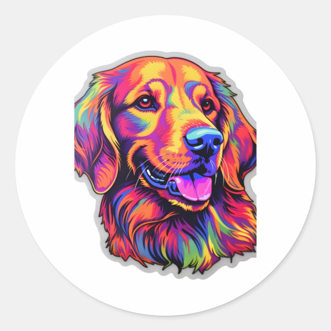 Pegatina Redonda Neon Golden Retriever (Anverso)