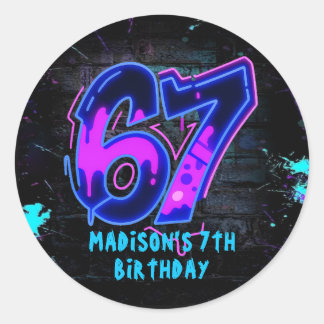 Pegatina Redonda Neon Graffiti Six Seven 7th Birthday Sticker