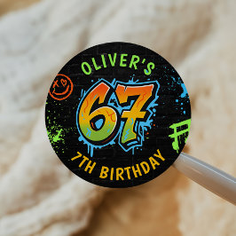 Pegatina Redonda Neon Graffiti Six Seven Kids 7th Birthday Party