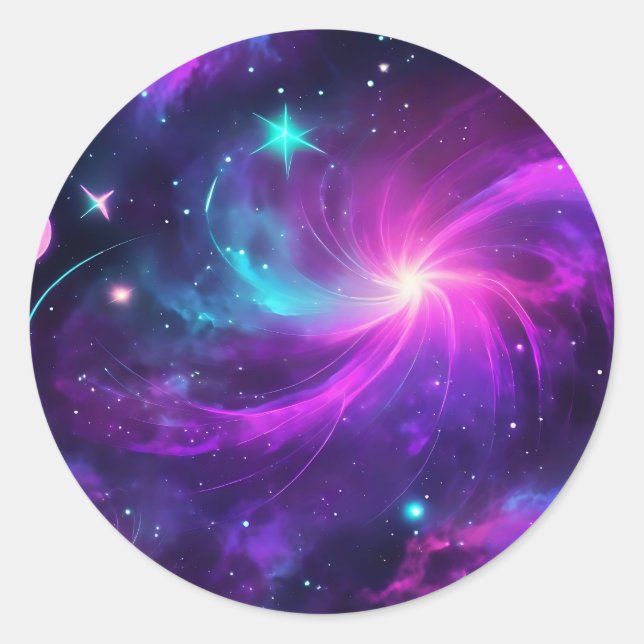 Pegatina Redonda Neon Nebula Galaxia Con Estrellas (Anverso)