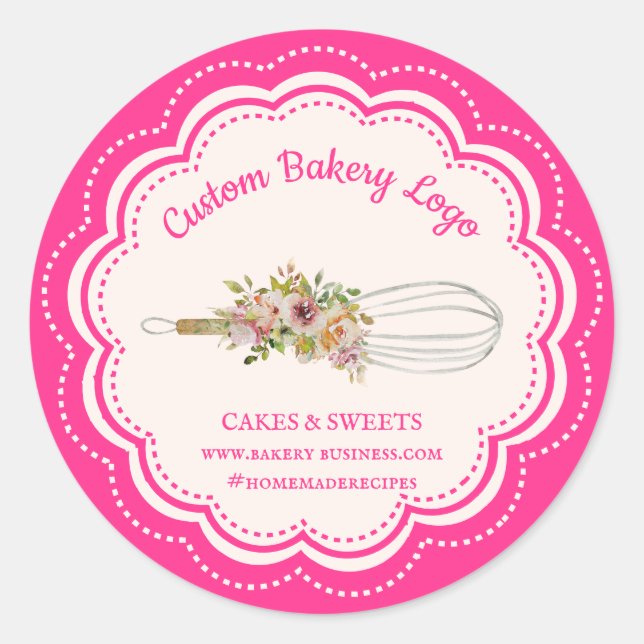Pegatina Redonda Neon Pink Moda Whisk Flor Boutique Bakery (Anverso)