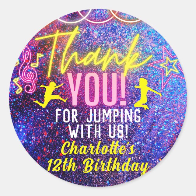 Pegatina Redonda Neon Pink Trampoline Dance Fiesta Gracias (Anverso)