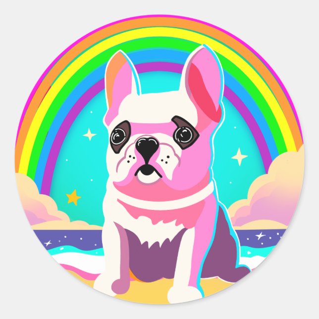 Pegatina Redonda Neon Rainbow Frenchie Retro Cumpleaños (Anverso)