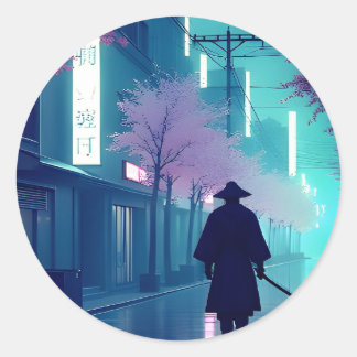 Pegatina Redonda Neon Samurai Sticker – Retro Anime Cyberpunk Tokyo
