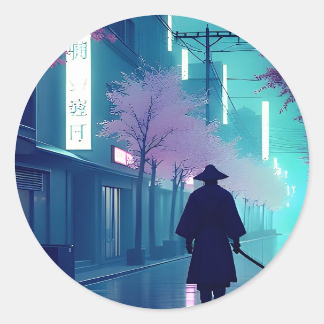 Pegatina Redonda Neon Samurai Sticker – Retro Anime Cyberpunk Tokyo (Anverso)