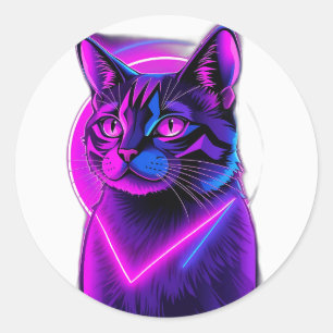 Pegatina Redonda Neon Synthwave Cat Art