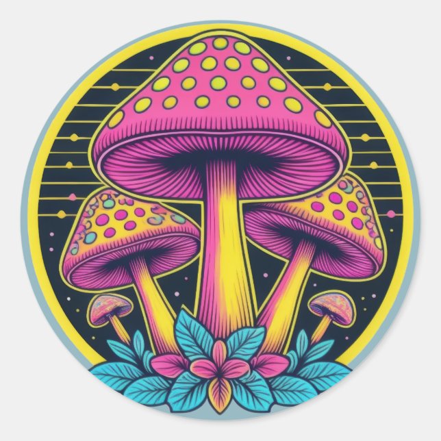 Pegatina Redonda Neon Toadstool Trio (Anverso)