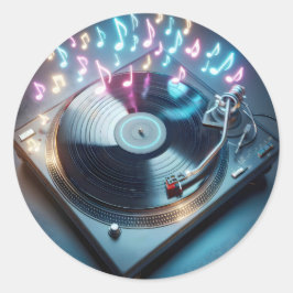 Pegatina Redonda Neon Turntable With Vinyl Record