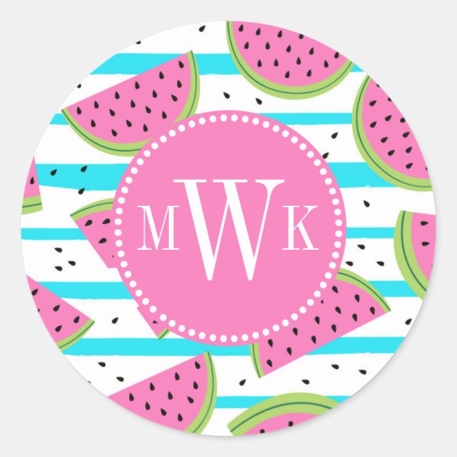 Pegatina Redonda Neon Watermelon on Stripes Pattern (Anverso)