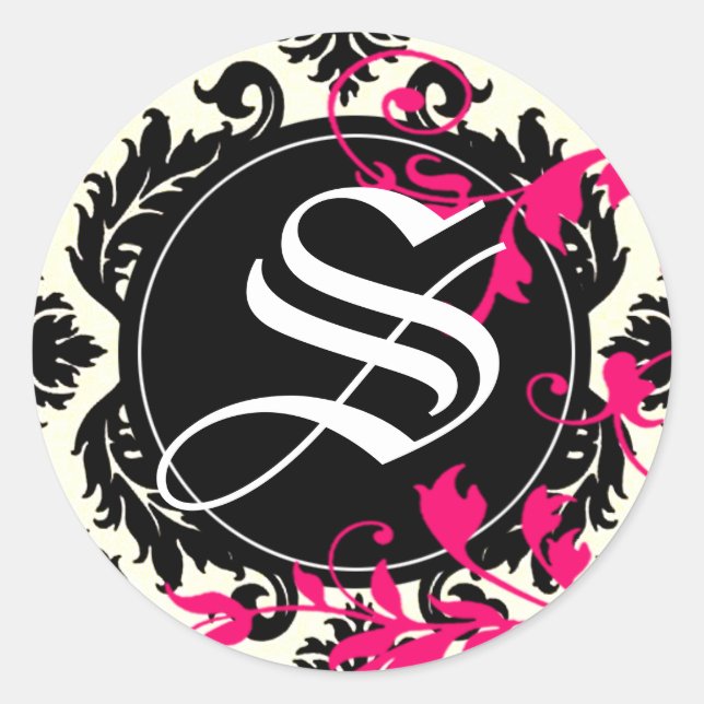 Pegatina Redonda Neopolitan Damask Monogram "S" black/white/fuschia (Anverso)