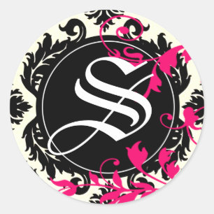 Pegatina Redonda Neopolitan Damask Monogram "S" black/white/fuschia