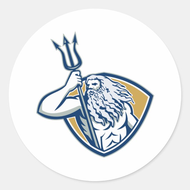 Pegatina Redonda Neptune Poseidon Trident Shield Retro (Anverso)
