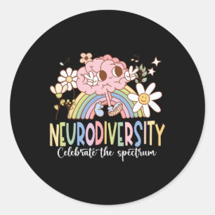 Pegatina Redonda Neurodiversidad Celebra El Espectro Cerebro Groovy