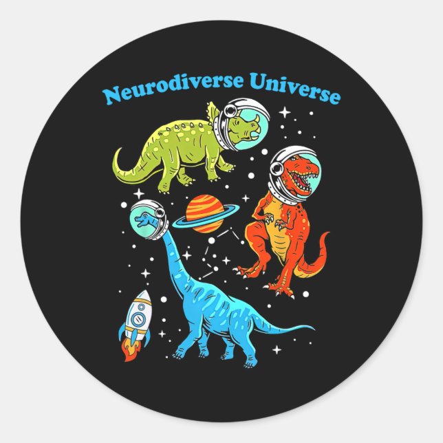 Pegatina Redonda Neurodiverso Universo Dinosaurios Espacio Adhd Asd (Anverso)